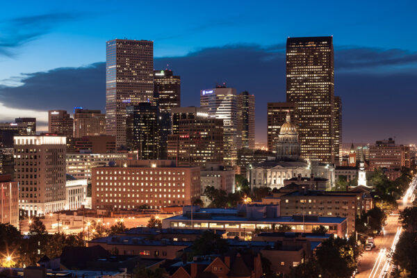 View from 1000 Grant at dusk looking towards state capital and downtown Denver.