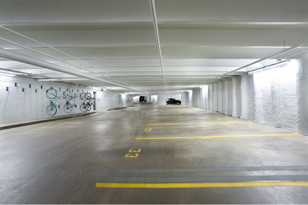 1044 Downing garage with assigned parking spaces and bike racks.