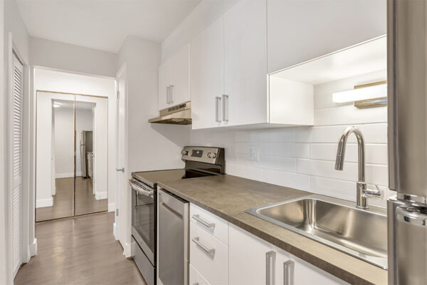 Kitchen with wood floor, white cabinets, stainless steel appliances, and tiled backsplash.