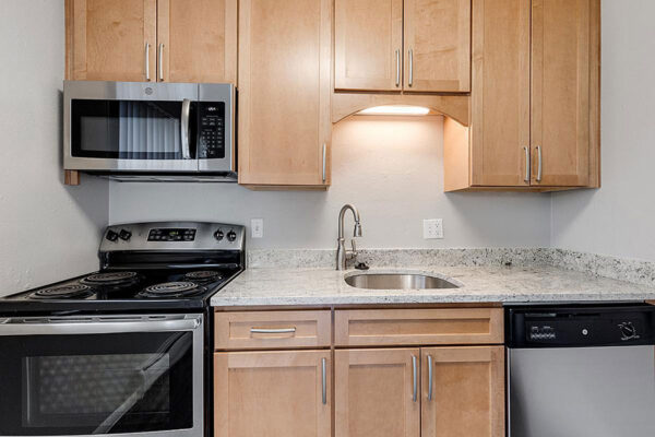 Kitchen with wood cabinets, stone counter, and stainless steel appliances.