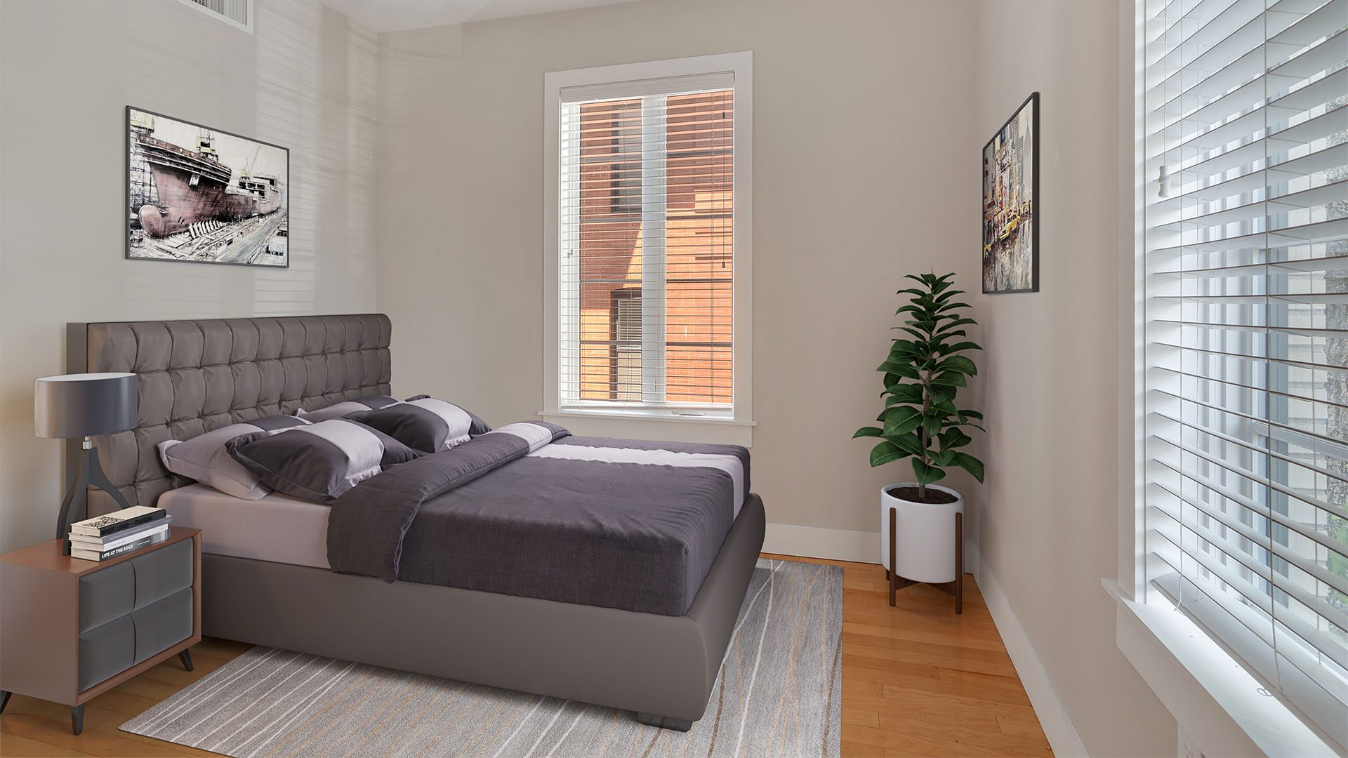 Bedroom with wood floor, platform bed with headboard, potted plant, and large windows.