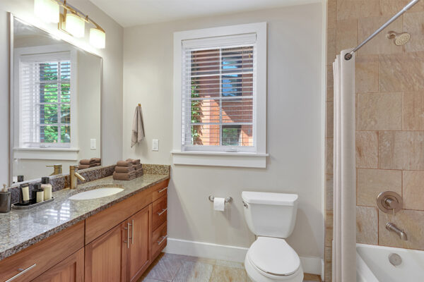 Bathroom with tile floor and shower tub, wood cabinets, stone counter, and large mirror.