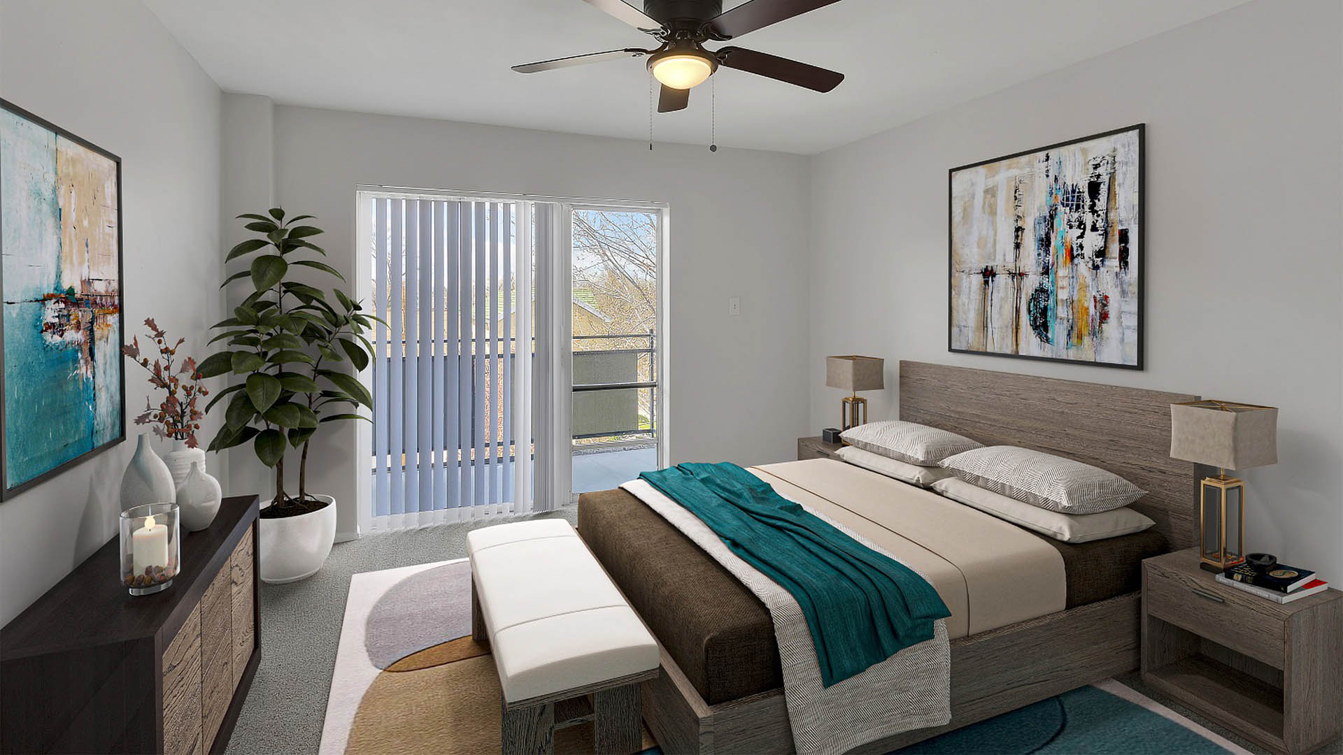 Bedroom with platform bed, bedside tables with lamps, and balcony door.