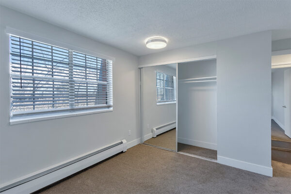 Bedroom with carpet, baseboard heater, closet with mirror door, and large window.