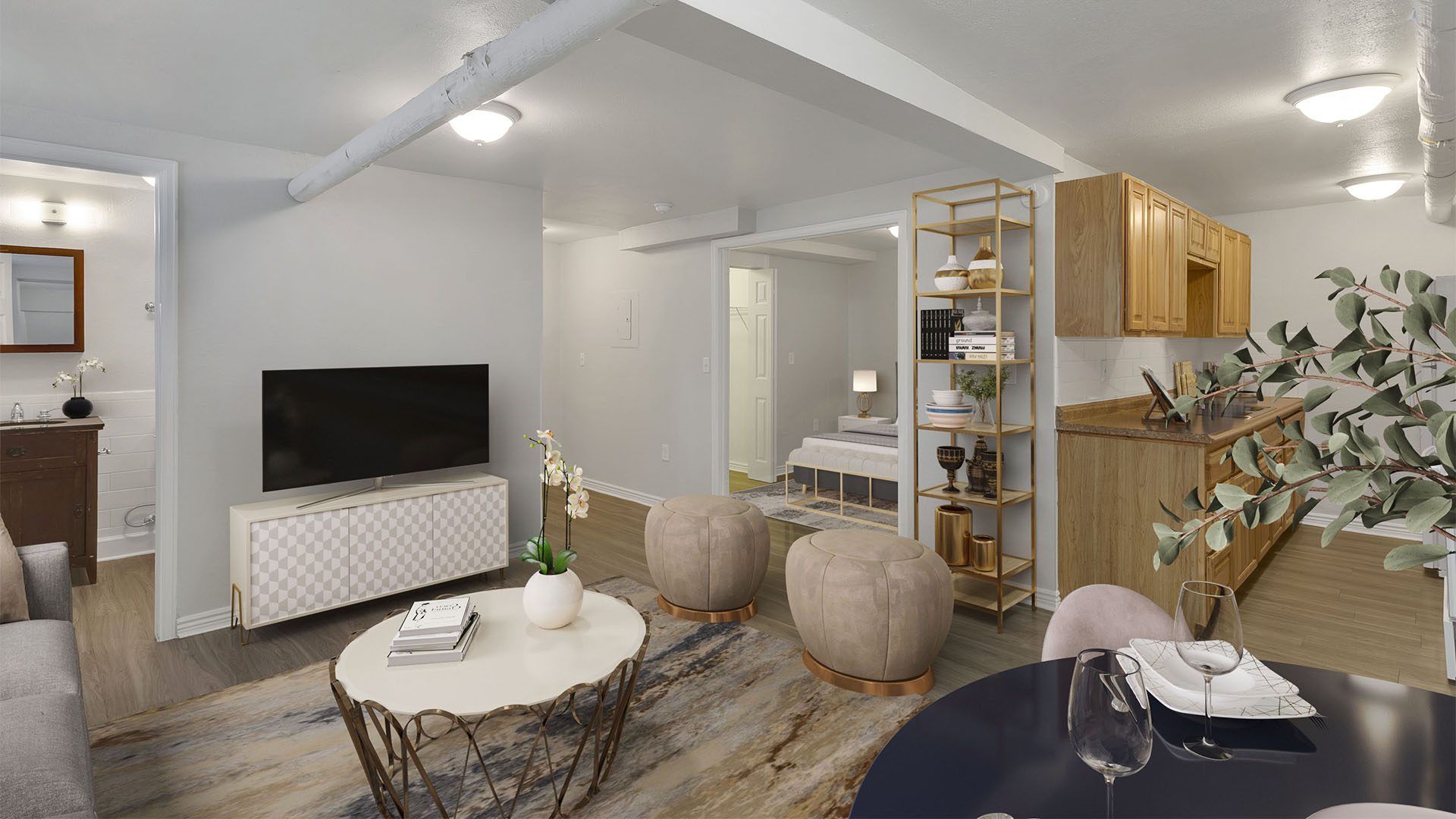 1357 & 1373 Cook living room with eclectic decor and comfortable furniture.