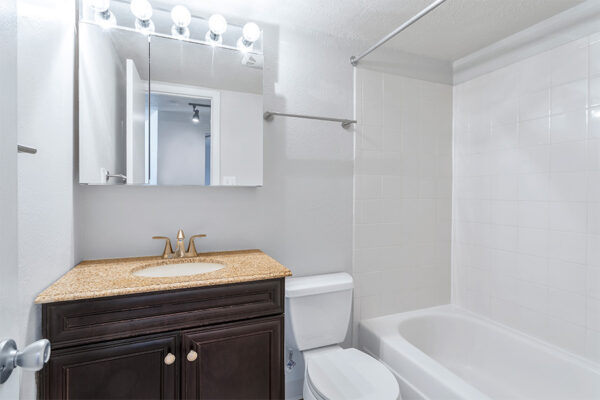 Bathroom with wood cabinet, stone counter, medicine cabinet, and tiled shower tub.