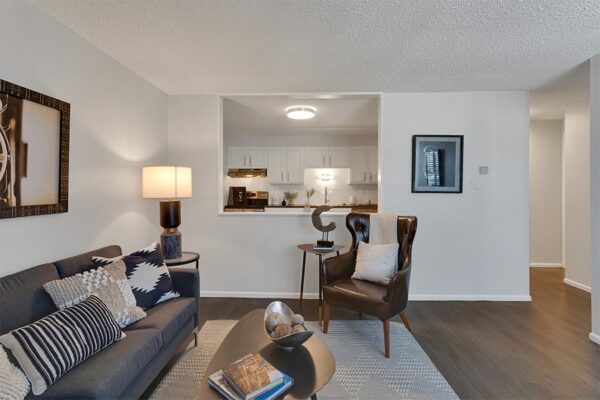 Living room with wood floor, plush rug, comfortable seating, and half wall to kitchen.