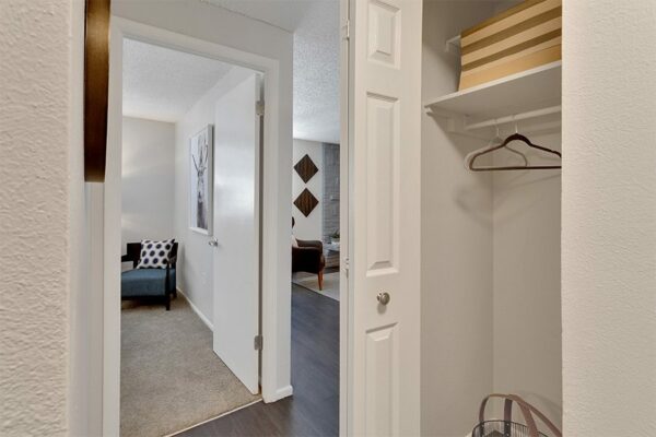 Hallway with doors to bedroom, living room, and closet.