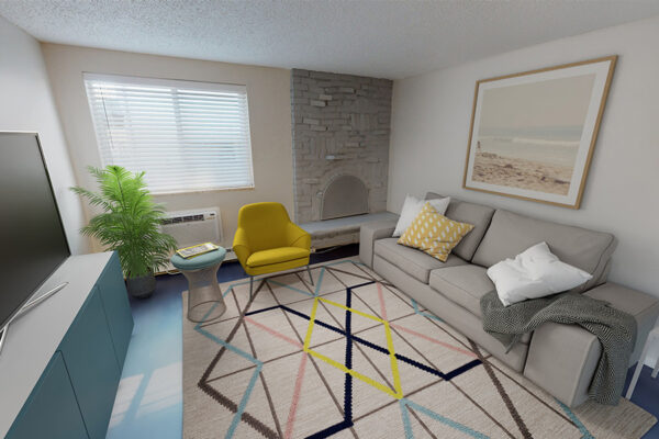 1430 Humboldt living room with geometric rug, plush seating, large window, and fireplace.