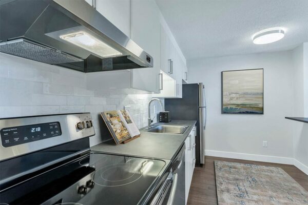 Apartment kitchen with wood floor, white cabinets, grey counter, and stainless steel appliances.