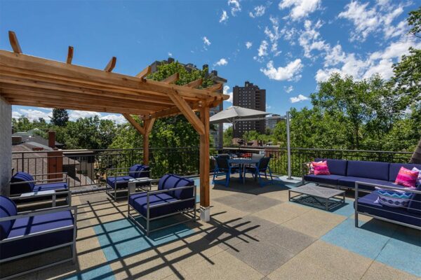 Outdoor patio with lounge chairs.