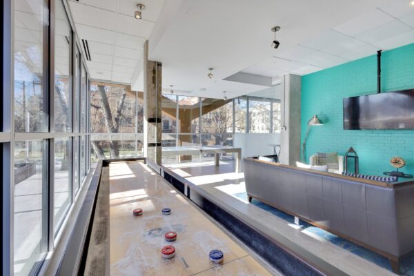entertainment room with shuffle board and tv