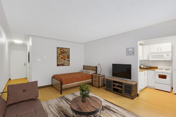 studio apartment with bed and couch in the same room and kitchen