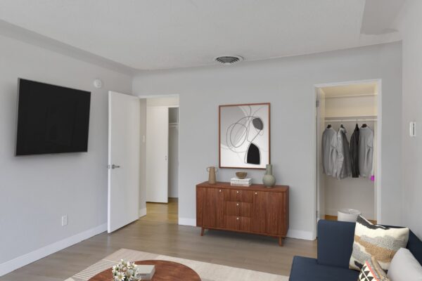 living room with tv, couch, and coat closet