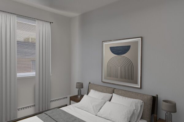 one bedroom apartment bedroom with bed in middle of room, night stands on each side, and a window