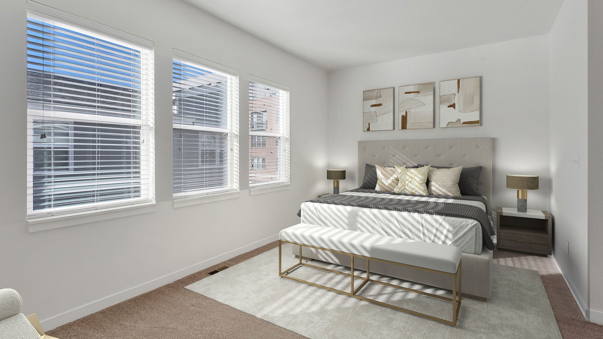 Rendering of a bedroom with large windows, carpet, and white walls.