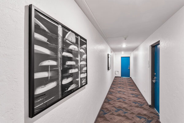 611 East 11th hallway with geometric carpet and surfboard wall photo.
