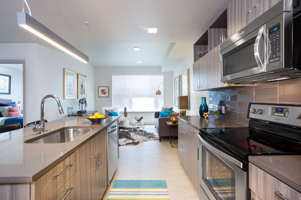 Apartment living area and kitchen with wood floors and modern amenities.