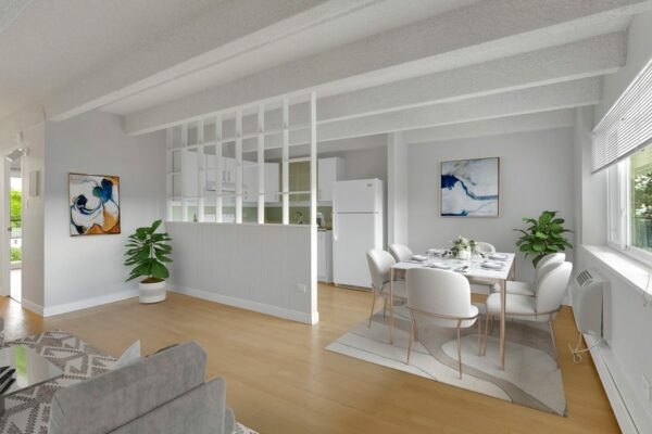 Living area with dining room, kitchen, and living room with modern furniture and bright window.
