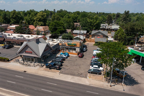 Aerial view of Chipotle and Cheba Hut restaurants nearby.