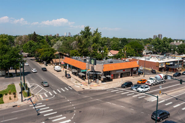 Aerial view of Starbucks coffee and Canvas credit union nearby.