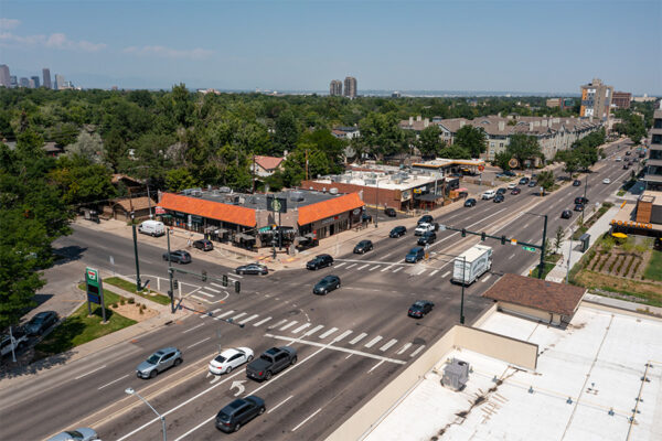 Aerial view of Starbucks coffee and Canvas credit union nearby.