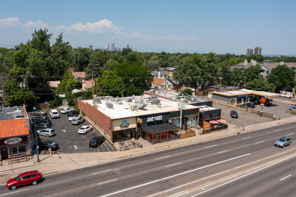Aerial view of Falafel, Dae Gee, and Swing Thai restaurants nearby.