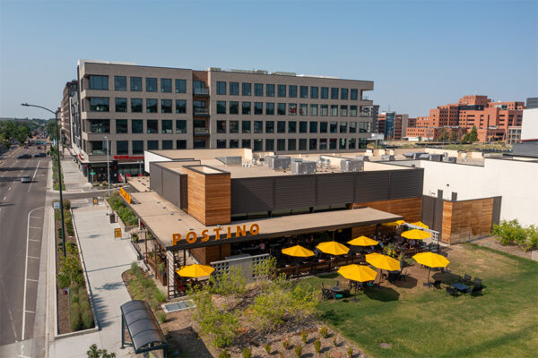 Aerial view of Postino restaurant nearby.