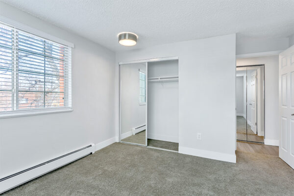 Bedroom with carpet, baseboard heater, closet with mirror door, and large window.