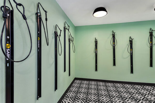 Bike storage room with bike storage racks and locks.