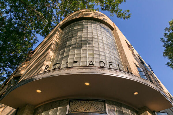 970 Penn apartment entrance with art deco sign reading Rose Adell above door.