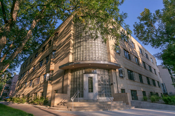 970 Penn apartment entrance with art deco sign reading Rose Adell above door.