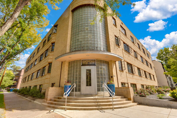 970 Penn apartment entrance with art deco sign reading Rose Adell above door.