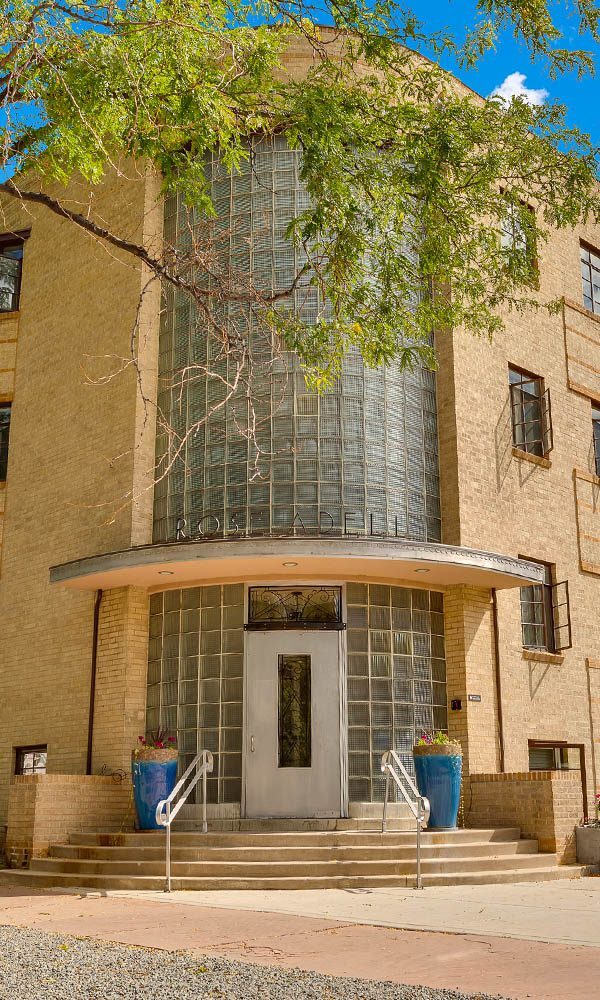 970 Penn apartment with glass brick construction and art deco style Rose Adell sign.