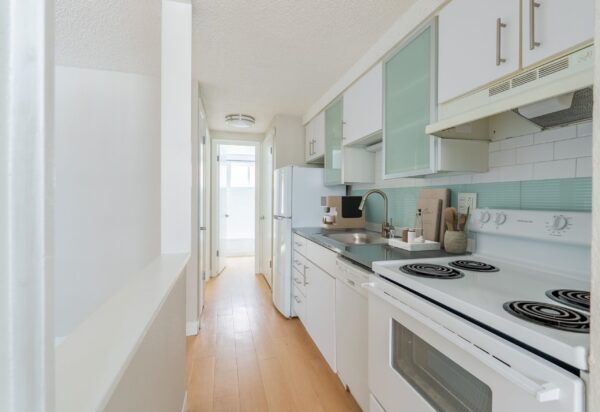 kitchen with view looking into hallway