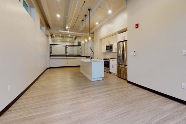 Bright post-renovation community kitchen at 1280 Lafayette.