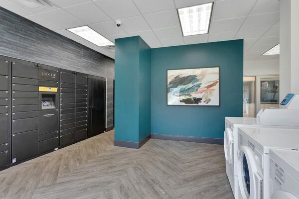 Mail and laundry room with wood floor, blue accent wall, Luxer package locker, and laundry machines.