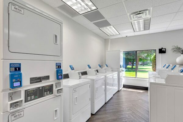 Laundry room with wood floor, large window, and washing machines.