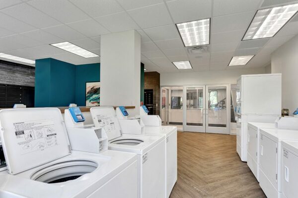 Laundry room with wood floor, blue accent wall, and washing machines.