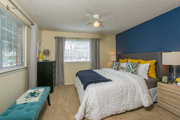 Bedroom with carpet, bed with plush headboard, blue accent wall, and large windows.