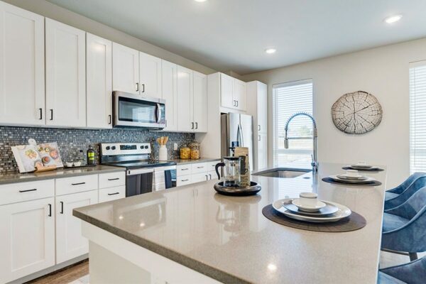 Kitchen island with tan counters, modern place settings, and french press with bag of coffee.