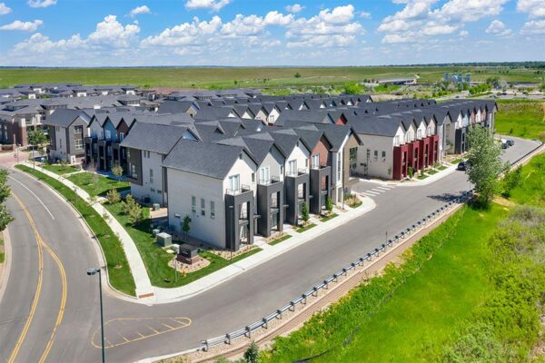 Aerial view of Dayton Station townhomes surrounded by open space.