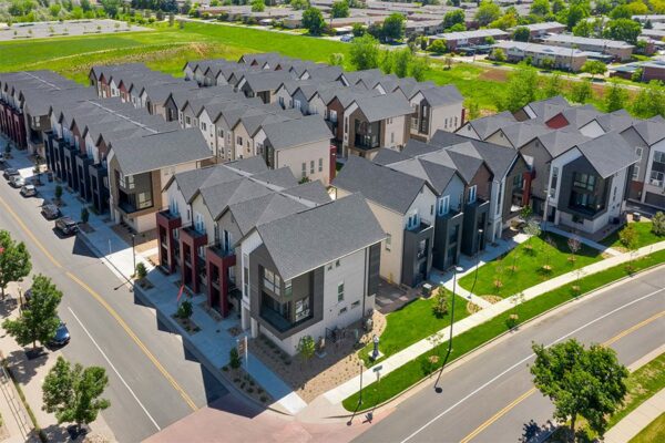 Aerial view of Dayton Station townhomes surrounded by open space.