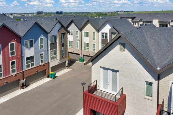 Aerial view of Dayton Station townhomes with three story construction and garages.