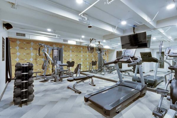 Bright post-renovation fitness center at 1280 Lafayette.