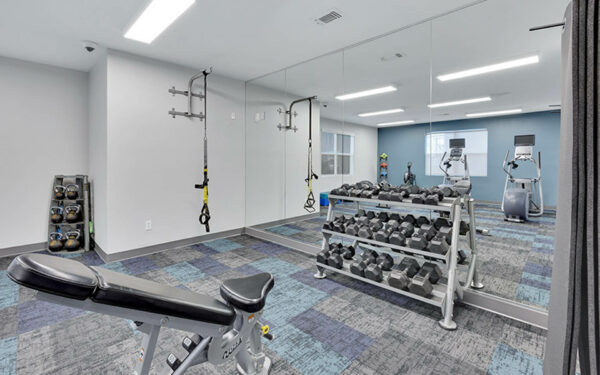 Fitness center with free weights.