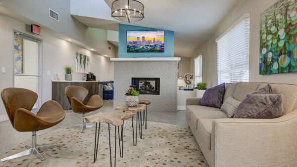 Lounge with skylight, modern furniture, fireplace, wall mounted TV, and eclectic decor.