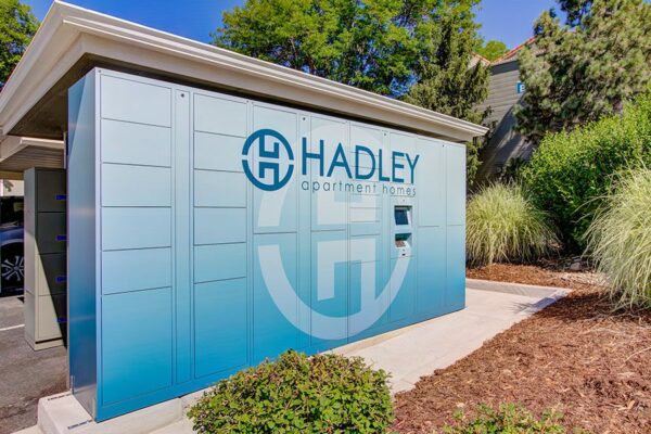 Outdoor mailboxes and package lockers at Hadley apartments.