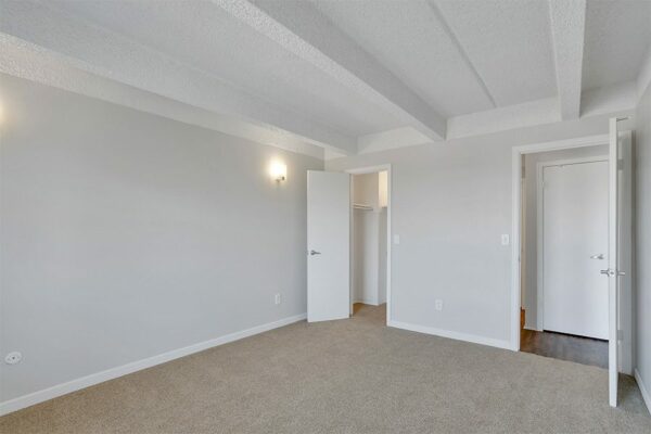 Bedroom with carpet floor, grey walls, white trim, and door to hallway and closet.