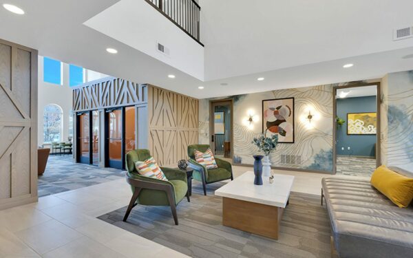Apartment lobby with lounge seating.